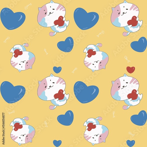 Seamless pattern of cute cat cartoon with heart on yellow color background. Can print it on fabric, stationery, gift paper, wall art cover, bed cover, etc. 