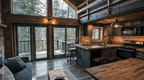 Wallpaper Mural Interior view of a cozy log cabin featuring a kitchen, dining area, and a seating area with a large window overlooking a snowy forest landscape. The rustic design and warm lighting create an inviting Torontodigital.ca