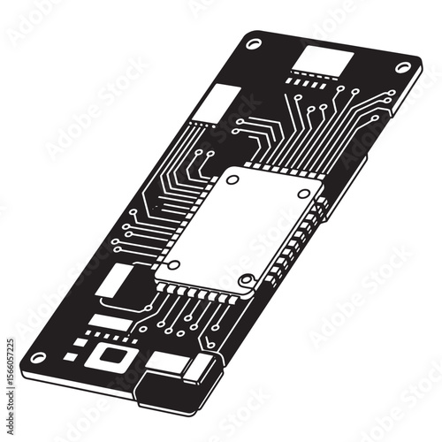 Vector illustration of a black and white circuit board showing intricate electronic components
