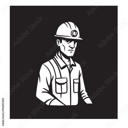 Vector illustration of a coal miner with a white helmet against a black background.