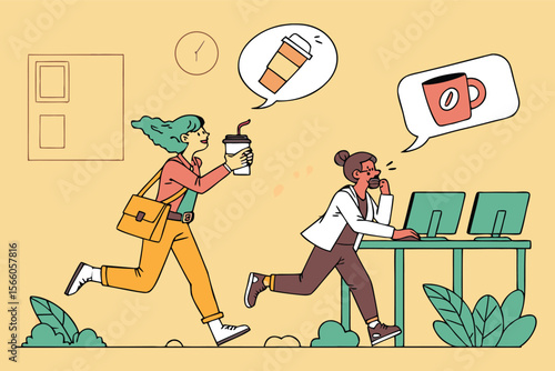 Two women rushing to work one with a coffee and the other answering the phone at her computer desk