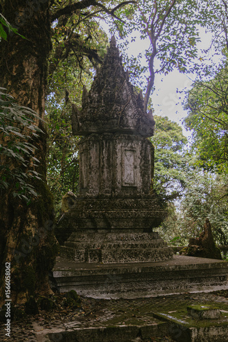 Royal tomb of King Inthawichayanon at the summit of Doi Inthanon – historical site surrounded by forest in northern Thailand.