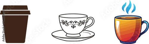 Coffee cups vector graphics collection of different styles for cafe and restaurant menu designs