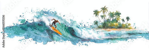 Vector illustration of surfer riding a big wave under a sunny sky tropic, watercolor paint