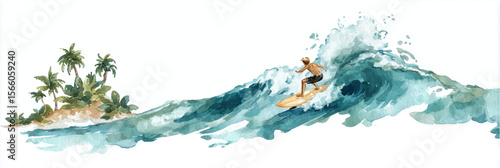Vector illustration of surfer riding a big wave under a sunny sky tropic, watercolor paint