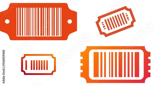 Orange ticket shapes, some with barcode, on a white background, varied sizes, shapes