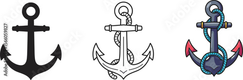 Vector anchor illustration set nautical symbol sea ocean boat ship design graphic drawing black and white color 100