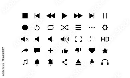 Collection of black sound icons in a minimalist, flat design style  includes speaker, volume up/down, mute, equalizer, and audio wave symbols. Ideal for use in mobile apps, web interfaces, media play