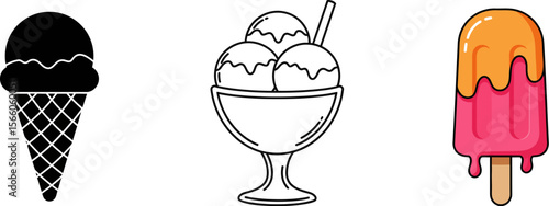 Ice cream cone sundae and popsicle vector illustration for dessert shop and food related design