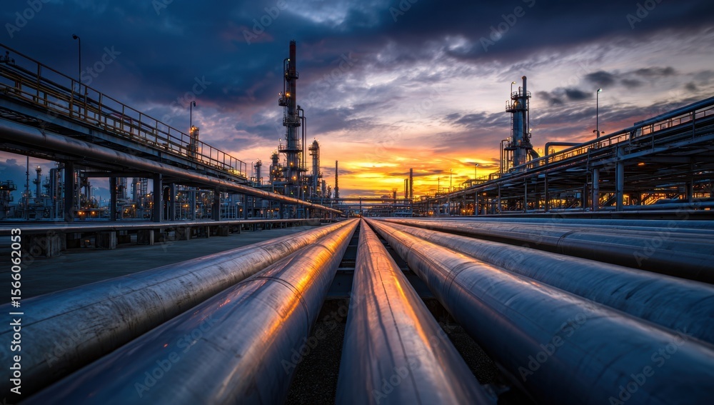 Fototapeta premium Sunset hues illuminate a vast industrial refinery, showcasing intricate pipelines and towering structures against a dramatic sky.
