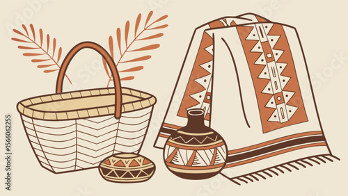 Still life basket blanket pottery art drawing vector illustration design for print and decoration