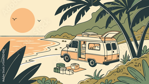 Vanlife beach camping illustration for travel and adventure lifestyle with campervan and tropical summer vibes