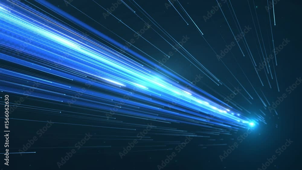 4K blue technology particle light converges, energy particle lines, high-tech data transmission, particle stripes flow from near to far like a meteor shower. 4k background.