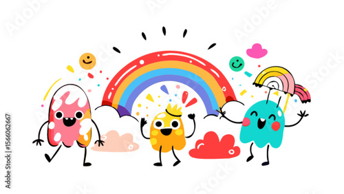 Cute cartoon monsters with rainbow illustration vector art for kids and children design element 100 char