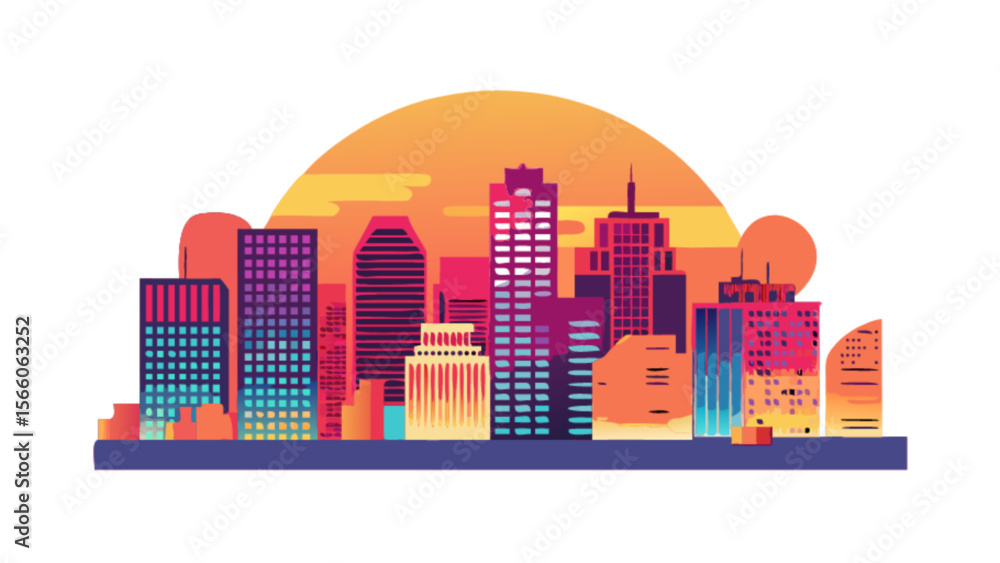 Naklejka premium Cityscape skyline vector illustration with buildings skyscrapers and sunset background for urban design 100