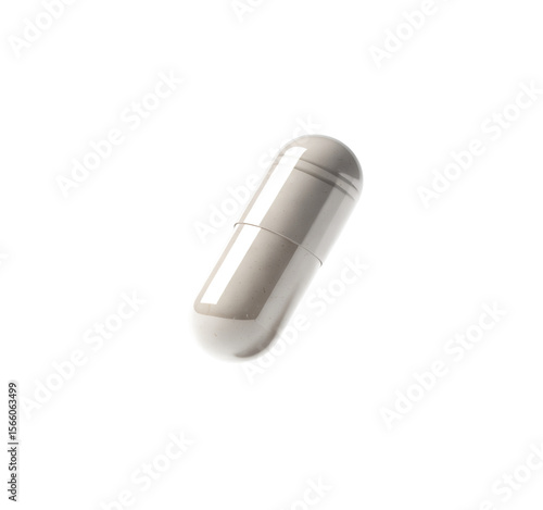A high-resolution photograph of a single white pharmaceutical capsule  on a transparent background.