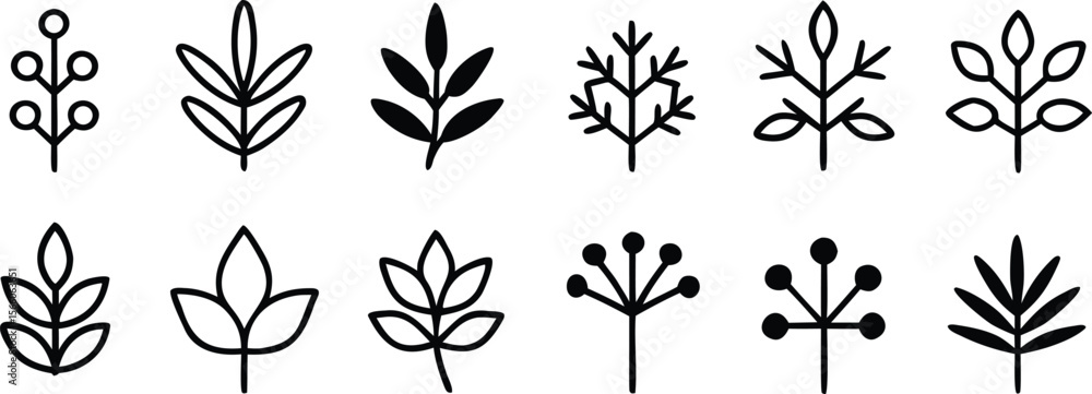 A versatile vector set of black floral silhouettes featuring various plants, flowers, leaves, and a butterfly, perfect for tattoo designs, vintage patterns, or nature-inspired decoration elements A versatile vector set of black floral silhouettes featuring various plants, flowers, leaves, and a butterfly, perfect for tattoo designs, vintage patterns, or nature-inspired decoration elements
