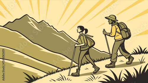 Hiking adventure illustration of couple trekking in mountains for outdoor recreation and travel concept