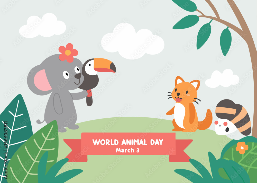 Naklejka premium World Animal Day Illustration with Cute Animals Koala Toucan Fox and Raccoon on March 3rd cartoon