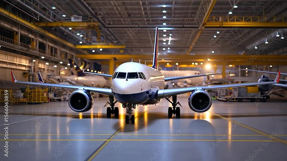 An airplane sitting on the hangar. The airplane is white with blue and red accent and there are other airplanes sitting at the back. Lighting is a bit dim inside the hangar An airplane sitting on the hangar. The airplane is white with blue and red accent and there are other airplanes sitting at the back. Lighting is a bit dim inside the hangar