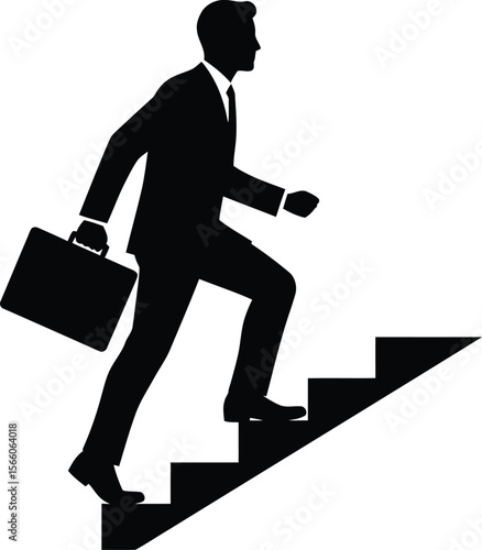 A businessman in a suit is climbing stairs with a briefcase isolated on white background