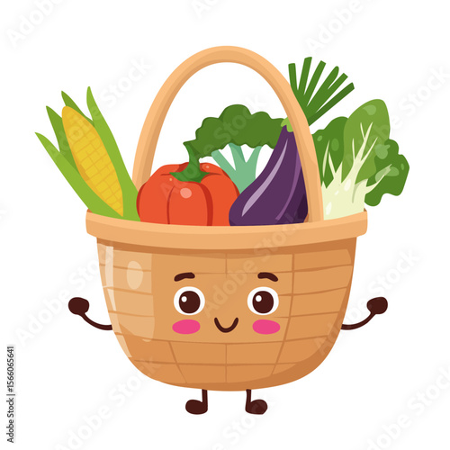 キュートな野菜とカゴのキャラクターイラスト
