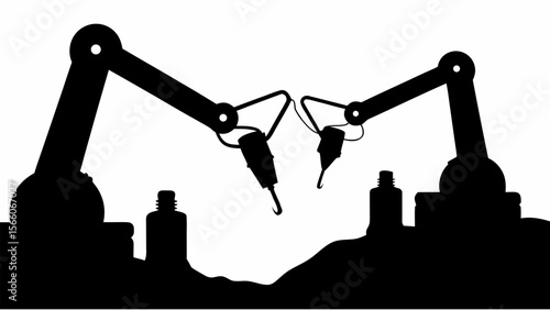 Illustration of two robotic arms with hook attachments above bottles in black and white silhouette