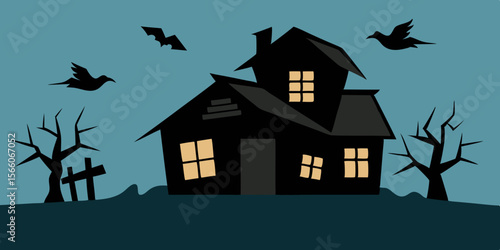 Abandoned Farmhouse With Broken Windows And Crows