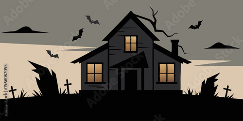 Abandoned Farmhouse With Broken Windows And Crows