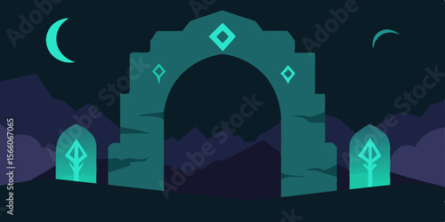 Broken Castle Arch Glowing With Runes In Moonlight