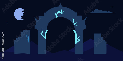 Broken Castle Arch Glowing With Runes In Moonlight