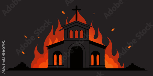 Burned Down Chapel With Glowing Embers In Ashes