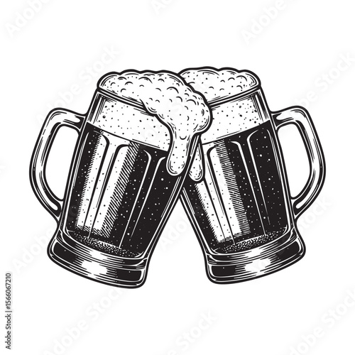 Toasting Beer Mugs Vector Engraving Illustration