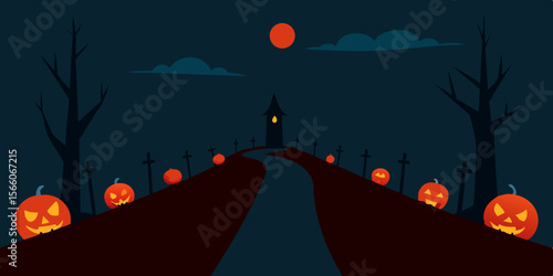Graveyard Path Lined With Jack O Lanterns In Fog