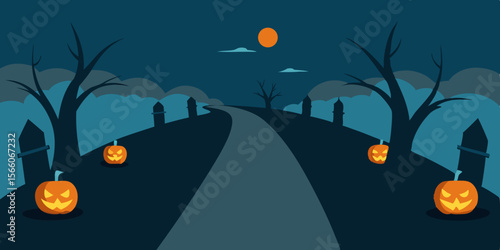 Graveyard Path Lined With Jack O Lanterns In Fog