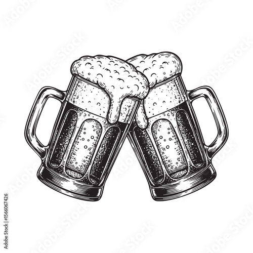 Toasting Beer Mugs Vector Engraving Illustration