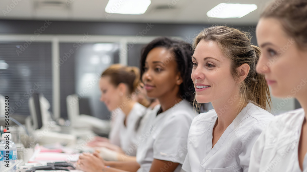 diverse dental assistant students focused during hygiene training seminar for skill building and clinical instruction in medical classroom diverse dental assistant students focused during hygiene training seminar for skill building and clinical instruction in medical classroom