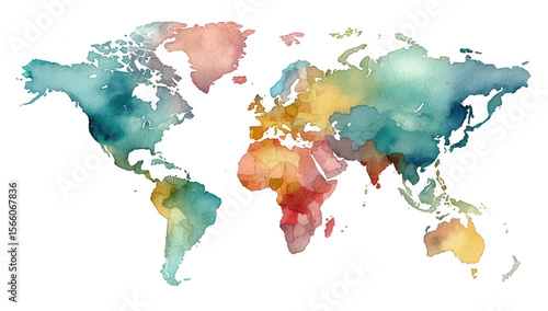 Wallpaper Mural Watercolor world map, vibrant colors Torontodigital.ca