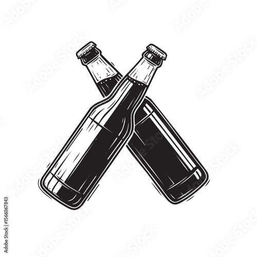 Crossed Beer Bottles Vector Engraving Illustration