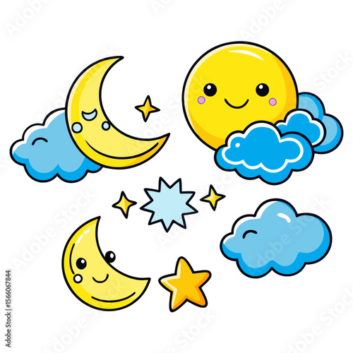 cute icons about weather, clouds, sun, stars, moon, on a white background