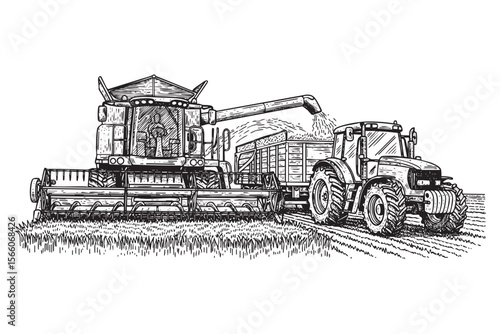 Combine Harvester and Tractor Vector Engraving Illustration