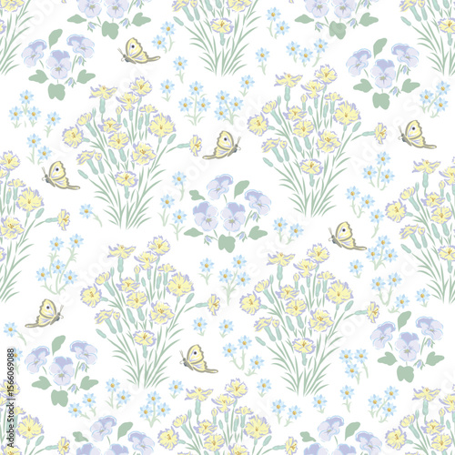 Seamless pattern field of flower pansy, dianthus.