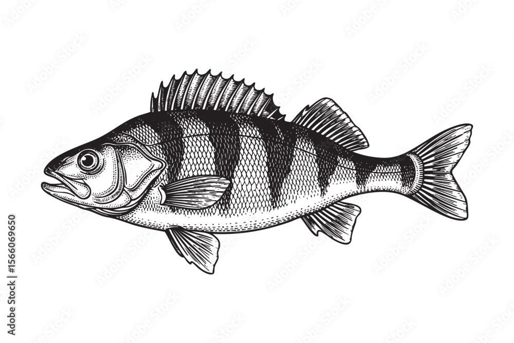 Obraz premium Striped Perch Fish Vector Engraving Illustration
