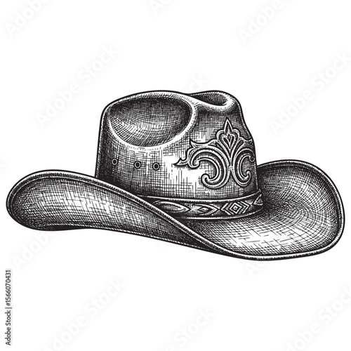 Ornate Cowboy Hat Vector Engraving Illustration

