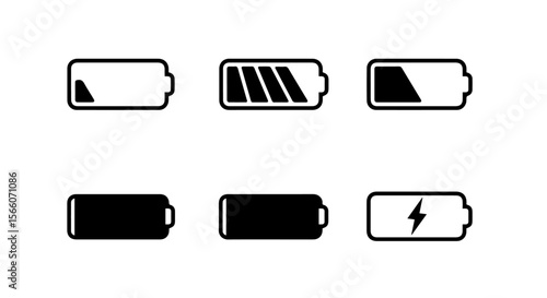Graphic display shows various battery charge levels, from depleted to full and charging, on a white background, silhouette