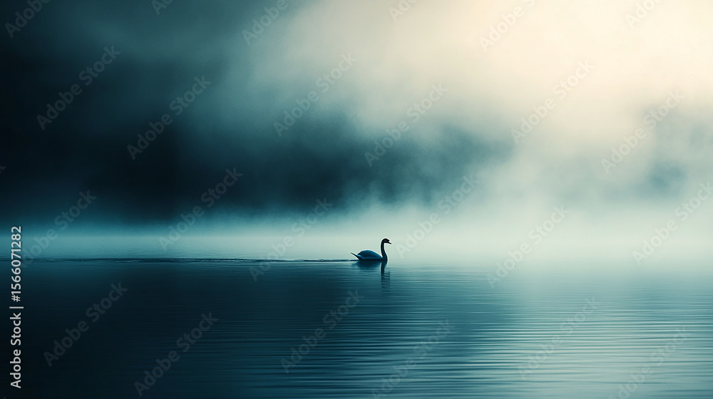 Fototapeta premium Serene Swan on Misty Water: A solitary swan gracefully glides across a tranquil body of water, enveloped in a mystical fog.