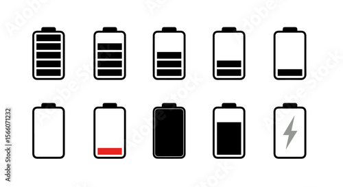Battery icons showing different charge levels with low, medium, and full power, indicating energy and potential drain on devices, silhouette