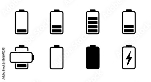 Depicting different battery charge levels from low to full along with a charging indicator on a white background, silhouette