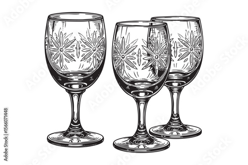 Collection of Ornate Crystal Glasses Vector Engraving Set