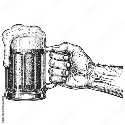 Hand Holding Foaming Beer Mug Vector Engraving Illustration